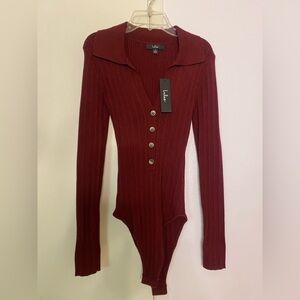 NWT Lulu's Burgundy Ribbed Button-Up Bodysuit Small